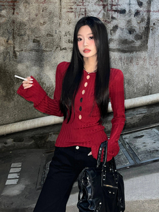 红色辣妹t恤女春季纯欲风修身长袖设计感镂空性感小众上衣ins