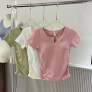 韩国2024夏季小v领短款小个子短袖，t恤上衣女，设计感小众打底衫