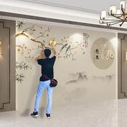 新中式山水花鸟壁纸，2023电视背景墙纸沙发床头，壁画客厅影视墙壁布