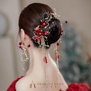 王妃新娘礼服头饰酒红色，花朵侧对夹，套装水钻流苏发夹敬酒服配饰品