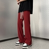韩国男装2023酒红色冰丝透气西装裤宽松显瘦直筒垂感休闲长裤