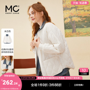 mc2白色加绒厚外套女秋冬牛仔，翻领拼接假两件仿兔绒内里短款