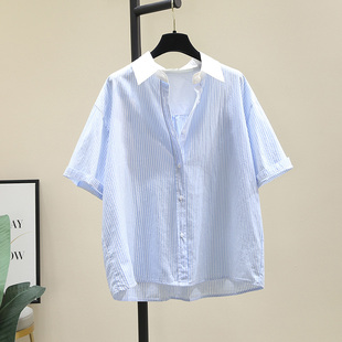 设计感拼接白领条纹短袖衬衫，女2024夏季韩版宽松休闲衬衣上衣