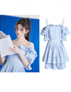 鞠婧祎同款蓝色连衣裙女夏季设计感荷叶边短袖一字肩吊带裙子