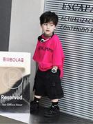 男童夏季套装儿童短袖韩版宽松火龙果色t恤黑色，短裤两件套潮