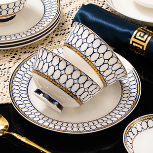 高档骨瓷碗碟盘欧式碗餐具，家用防烫陶瓷，高脚碗套装汤盘米饭碗组合