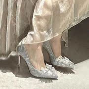 法式高跟鞋女2024银色婚鞋水钻，蝴蝶结尖头公主18岁成人礼单鞋