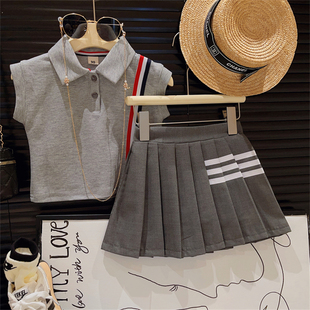2023夏装洋气女童英伦学院风Polo领条纹蝙蝠衫百褶短裙两件套