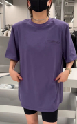 9028诗歌兰2024春款 简约时髦气质垫肩短袖圆领紫色T恤女上衣