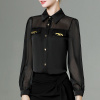 黑色衬衫女秋季设计感小众2023宽松洋气网纱上衣长袖雪纺衬衣