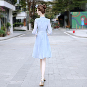 2024年蓝色气质裙子高腰显瘦减龄a字法式百褶雪纺连衣裙女夏