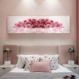 紫粉色床头画天鹅花卉房间主，卧室玫瑰装饰画挂画背景墙壁水晶瓷画