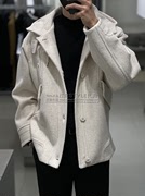 2023年冬季Liberclassy韩国乳白色连帽宽松短款羊毛小大衣男