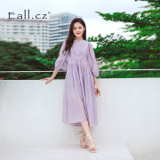 意澳女装原创设计纯色，连衣裙夏中长款紫色，圆领简约气质抽褶裙子