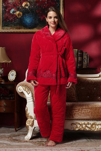 女士大红三层夹棉睡衣冬季系绳，长袖加厚法兰绒，加大码棉袄女家居服