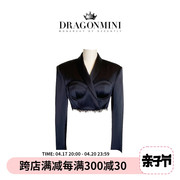 dragonmini法式垫肩短款黑色，蕾丝西装外套，小众原创设计