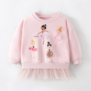 女童粉红色小精灵纯棉长袖卫衣宝宝春秋装儿童套头上衣欧美体恤衫