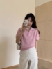 韩系polo领粉色短袖针织衫女早春夏季软糯毛衣，短款绝美小v领上衣