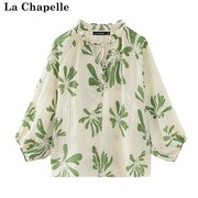 拉夏贝尔lachapelle夏季复古系带灯笼袖，衬衫女宽松花色上衣