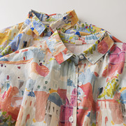 设计感小众复古油画印花长袖衬衫女秋季日系宽松城堡洋气上衣