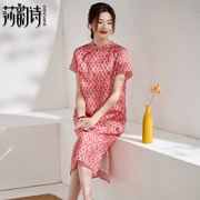 莎韵诗2024夏季中式改良度假旅行旗袍复古红色短袖苎麻连衣裙