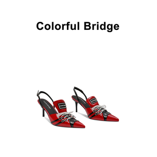 colorfulbridge丨f1赛车运动高跟鞋尖头，细跟后空漆皮凉鞋