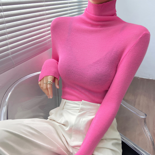 粉色羊毛高领打底衫女2024早春内搭毛衣彩色修身洋气的针织衫