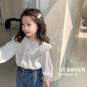 女童蕾丝花边衬衫2024春季韩版儿童翻领长袖上衣宝宝打底衬衣
