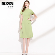 绿色连衣裙夏季2024气质立领，短袖复古盘扣女士裙子质感高级感