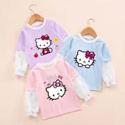 2023女童春季假两件长袖，猫咪图案儿童，打底衫kt猫女童纯棉t恤