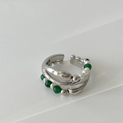s925纯银女戒指小众设计感绿玉石头珍珠，多层食指指环开口戒指银饰