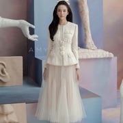 越南小众设计师春名媛淑女范立体花朵小香风外套网纱半裙A187