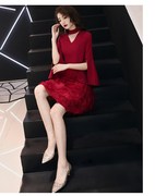 2020韩版双肩敬酒服宴会晚礼服公司年会七分袖短裙