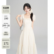 一颗小野莓短袖方领连衣裙，女夏季韩系甜美气质设计感修身显瘦长裙