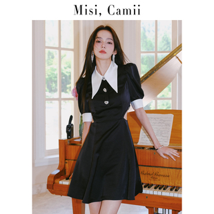 misicamii缎面镂空黑白，拼接泡泡袖连衣裙，气质显瘦时髦中长款裙子
