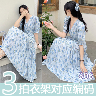 301-399蓝色系长袖短袖连衣裙，碎花雪纺纯色针织，裙子合集719xx