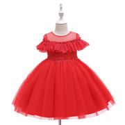 欧美儿童礼服公主裙红色女童蕾丝婚纱周岁生日晚礼服裙婴儿蓬蓬裙
