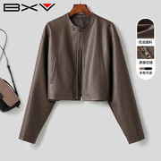 bxv复古圆领皮衣外套，女2024春秋美式皮夹克，小个子短款机车服