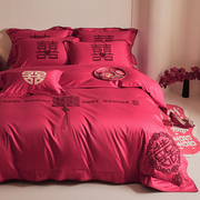 婚庆纯棉四件套毛巾绣中式大红色床单高档喜被套结婚房嫁床上用品