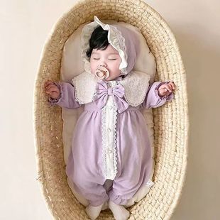 婴儿春装2022年长袖带帽套装女宝宝爬爬服满月公主春秋季洋气哈衣