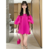玫红色一字领雪纺连衣裙，女2023年夏季韩版设计感露肩半袖裙子