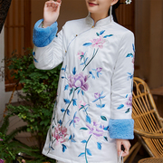 中式棉衣女装冬季中长款民族，风刺绣宽松斜襟套头显瘦棉服棉袄上衣