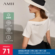 amii设计感白色t恤2024年春季锁骨一字领露肩修身短袖上衣女