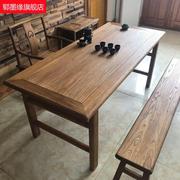 老榆木实木桌复古民宿餐厅装修中式餐桌椅风化门板原木茶桌长条凳