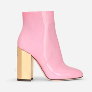 2023年真皮马丁靴粉色漆皮，高跟尖头粗跟方头短靴10cm高跟女靴