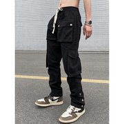 欧美高街黑色排扣休闲裤，男美式街头vibe风宽松直筒，机能工装长裤潮