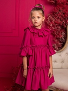 大熊家葡萄牙女童连衣裙紫红褶皱，领中袖裙子，公主裙纯色