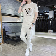 男士套装夏季韩版休闲运动裤子潮流时尚，短袖男t两件套装2024