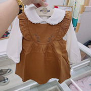 韩国中小童装 22秋女童宝宝韩版白色翻领长袖T恤 背心裙套装