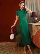 绿色日常旗袍2023年女改良复古中国风民国老上海中长款连衣裙